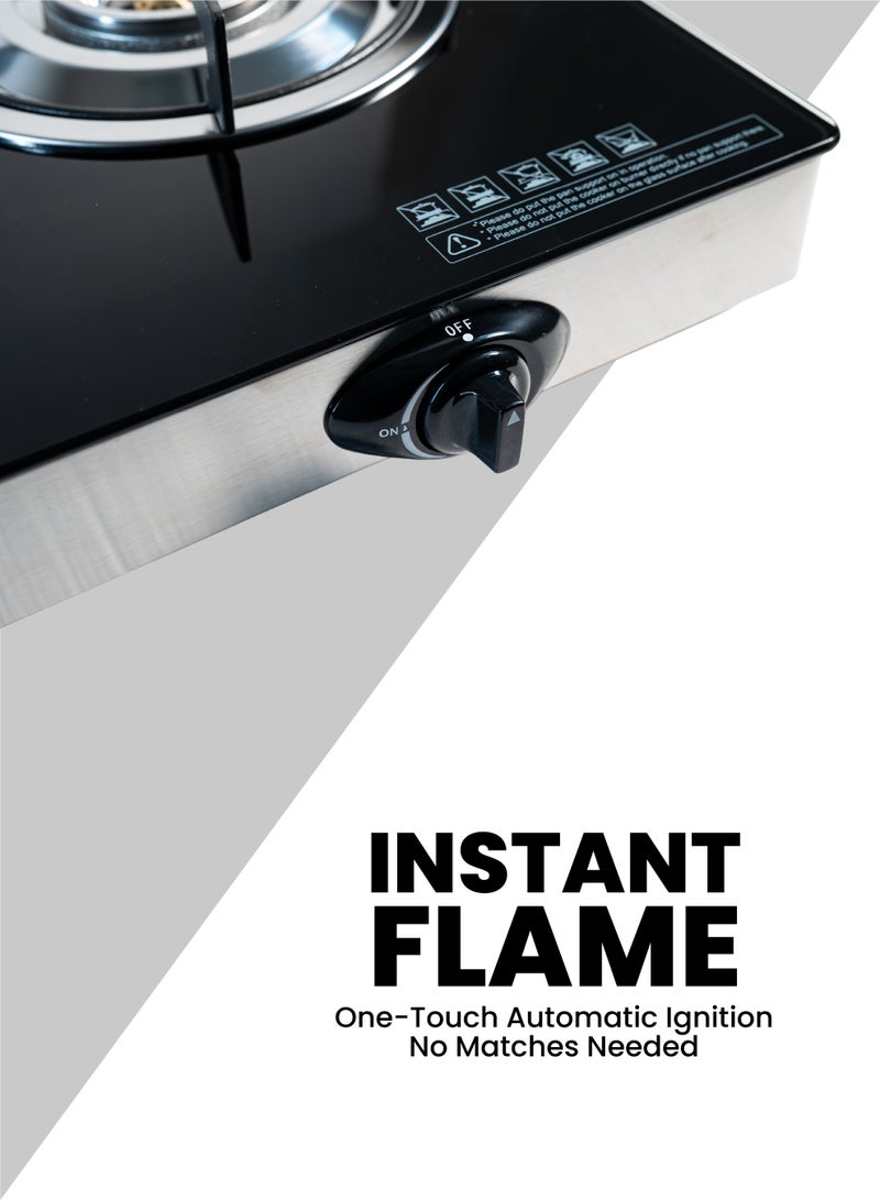 TEAM Double Burner Gas Stove with Tempered Glass Top, Automatic Ignition, Cast Iron Burners & Pan Support – Whirlwind Flame Design for Fast Cooking - Image 3